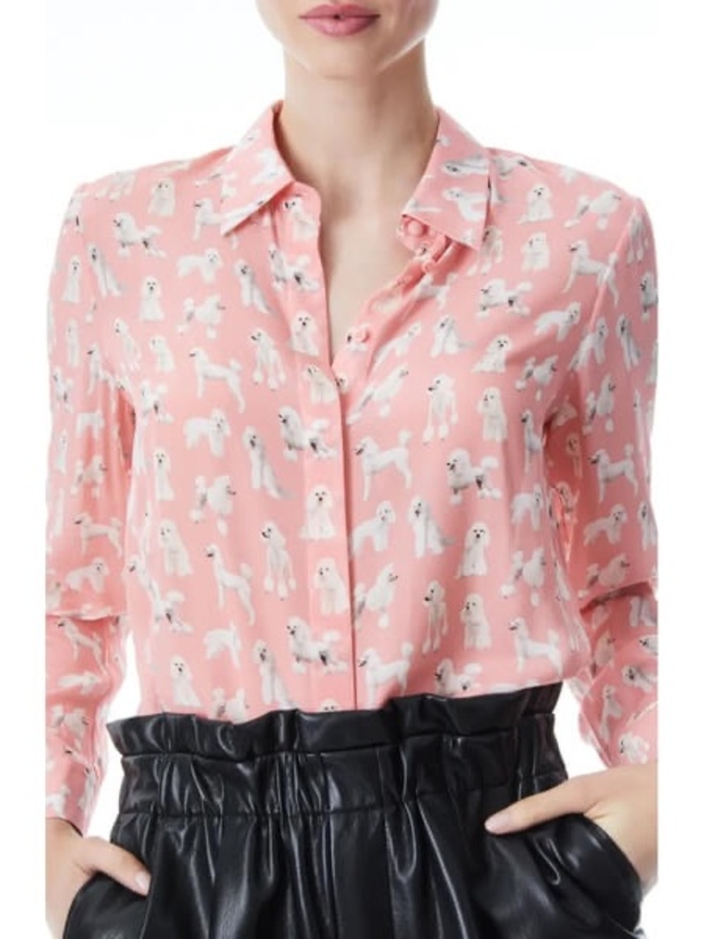 Alice + Olivia Willa Poodle Print long Sleeve Silk Blouse New